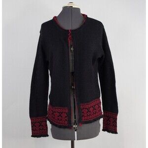 MFH Knits Baby Alpaca Cardigan sz L Black Red Embroidery Sweater Peru Artisan